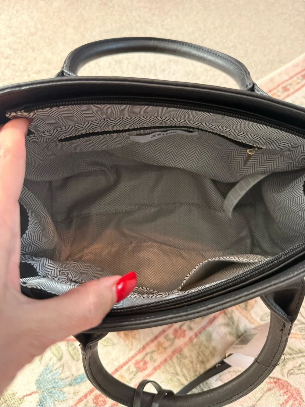 JustFab Tan and Black Structured Satchel with Gold Accent